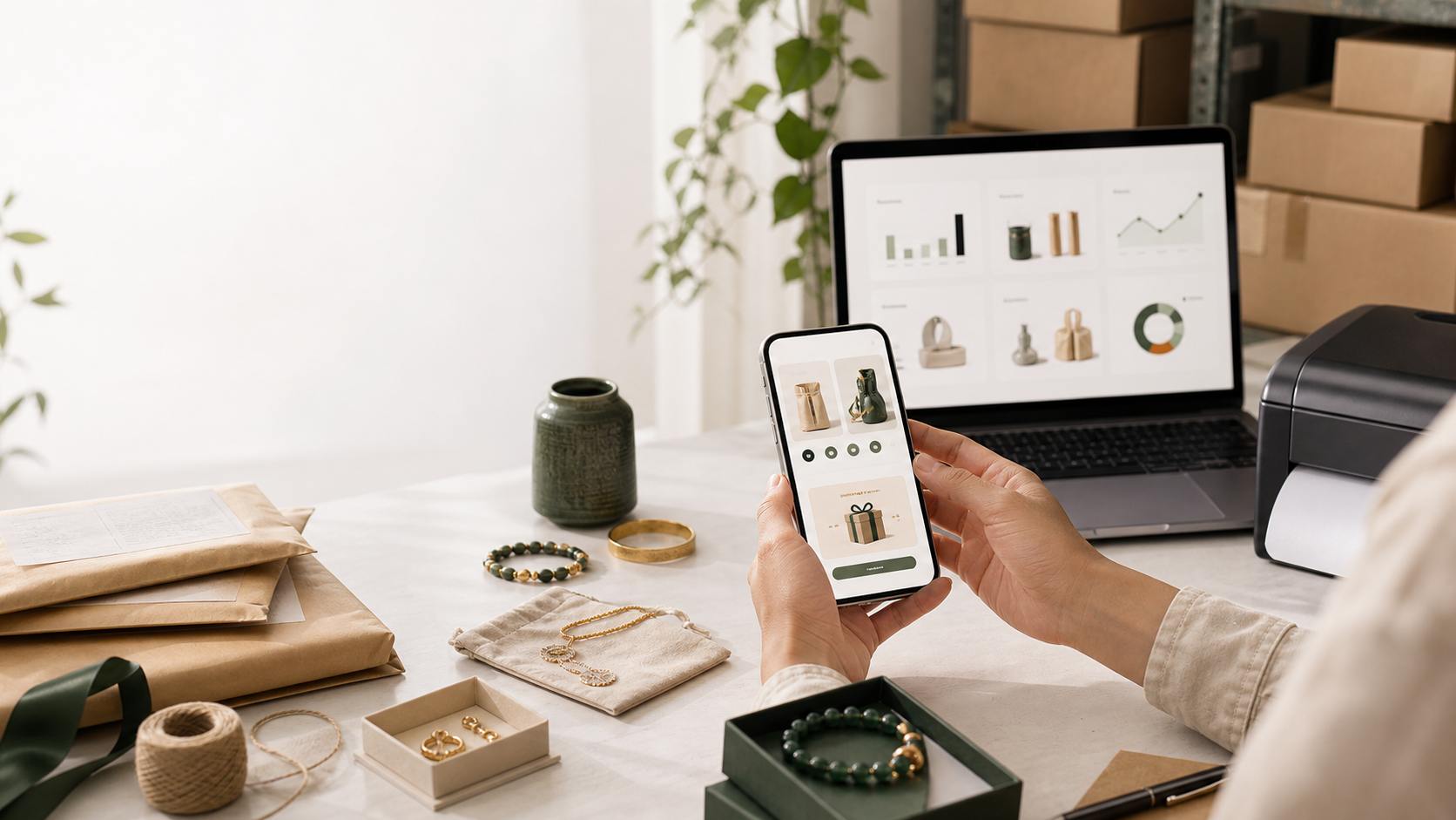 Shopify merchant workspace with product samples, phone campaign preview, packing materials, and analytics